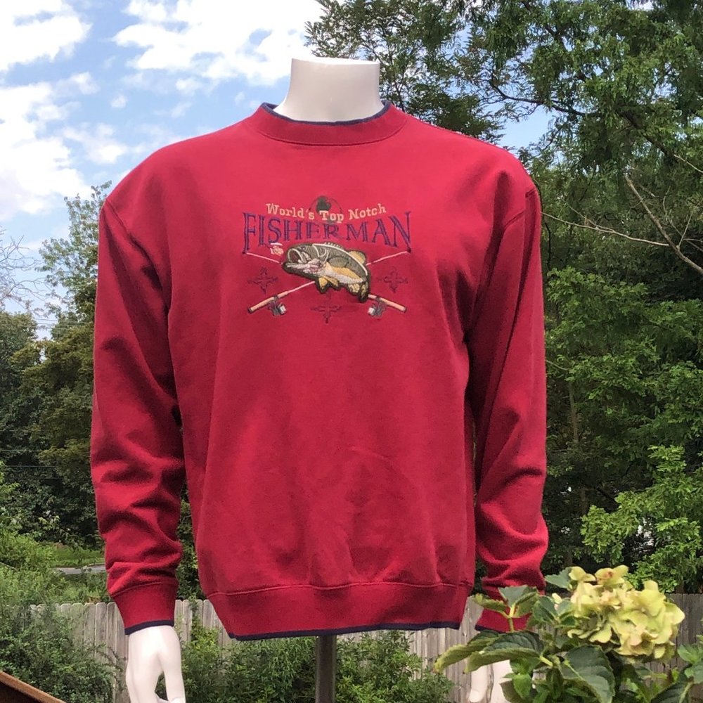 Vintage M&C Sport Mens L Sweatshirt Top Notch Fisherman Red Blue Embroidered